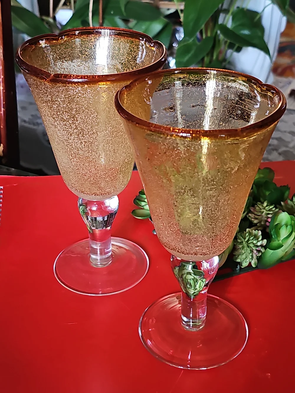Artland Glass Amber With Bubbles Goblets with Clear Stems - Set of 2